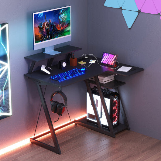L Shaped Gaming Desk with Outlets and USB Ports-Black LuxuryLifeWay Online Store