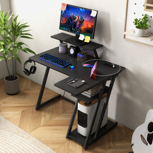 L Shaped Gaming Desk with Outlets and USB Ports-Black LuxuryLifeWay Online Store