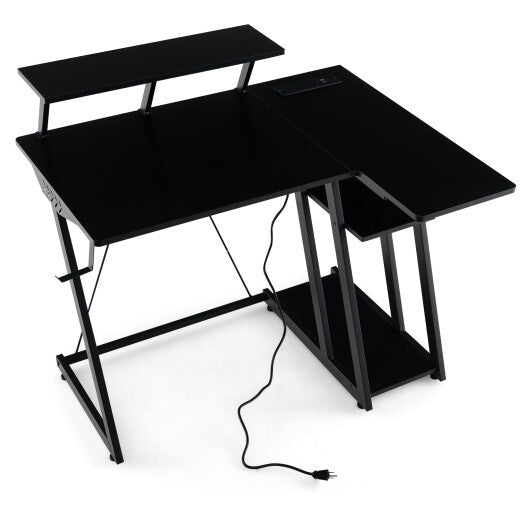 L Shaped Gaming Desk with Outlets and USB Ports-Black LuxuryLifeWay Online Store
