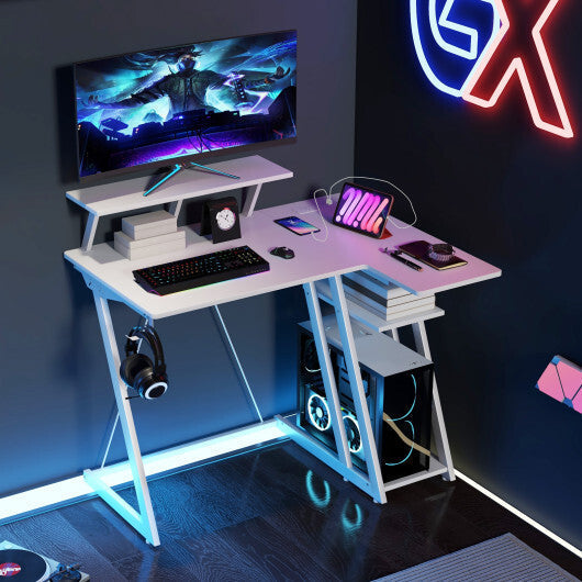 L Shaped Gaming Desk with Outlets and USB Ports-Black LuxuryLifeWay Online Store