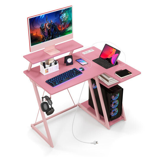L Shaped Gaming Desk with Outlets and USB Ports-Black LuxuryLifeWay Online Store