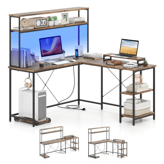 L-Shaped Reversible Gaming Desk with LED Strip and Power Outlets Hutch Monitor Stand-Rustic Brown LuxuryLifeWay Online Store