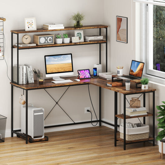 L-Shaped Reversible Gaming Desk with LED Strip and Power Outlets Hutch Monitor Stand-Rustic Brown LuxuryLifeWay Online Store