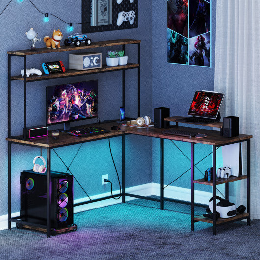 L-Shaped Reversible Gaming Desk with LED Strip and Power Outlets Hutch Monitor Stand-Rustic Brown LuxuryLifeWay Online Store