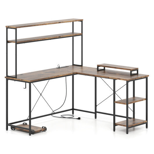 L-Shaped Reversible Gaming Desk with LED Strip and Power Outlets Hutch Monitor Stand-Rustic Brown LuxuryLifeWay Online Store