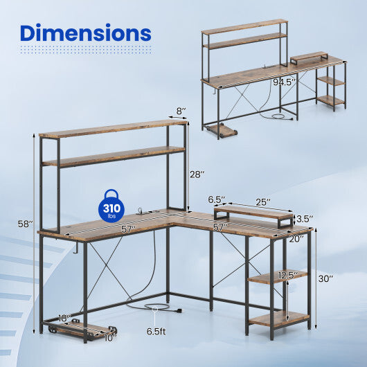 L-Shaped Reversible Gaming Desk with LED Strip and Power Outlets Hutch Monitor Stand-Rustic Brown LuxuryLifeWay Online Store