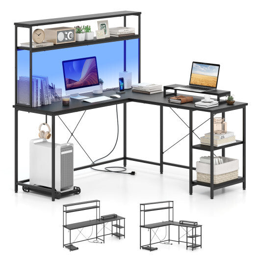 L-Shaped Reversible Gaming Desk with LED Strip and Power Outlets Hutch Monitor Stand-Rustic Brown LuxuryLifeWay Online Store