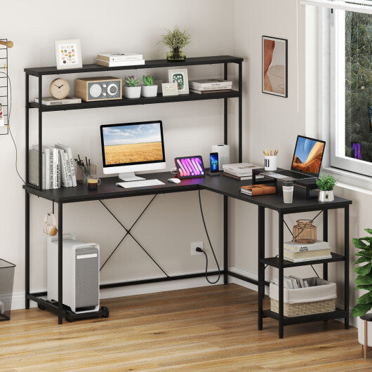 L-Shaped Reversible Gaming Desk with LED Strip and Power Outlets Hutch Monitor Stand-Rustic Brown LuxuryLifeWay Online Store