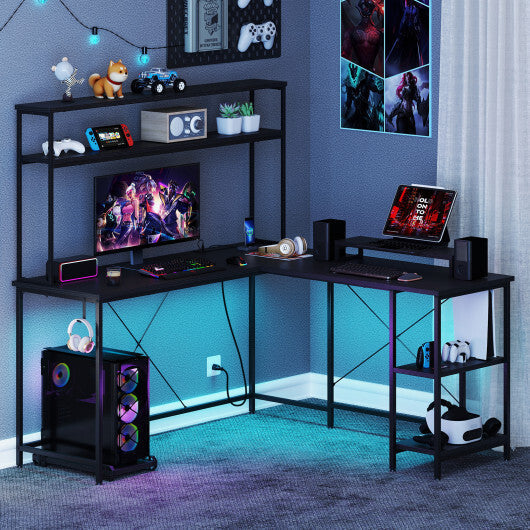 L-Shaped Reversible Gaming Desk with LED Strip and Power Outlets Hutch Monitor Stand-Rustic Brown LuxuryLifeWay Online Store