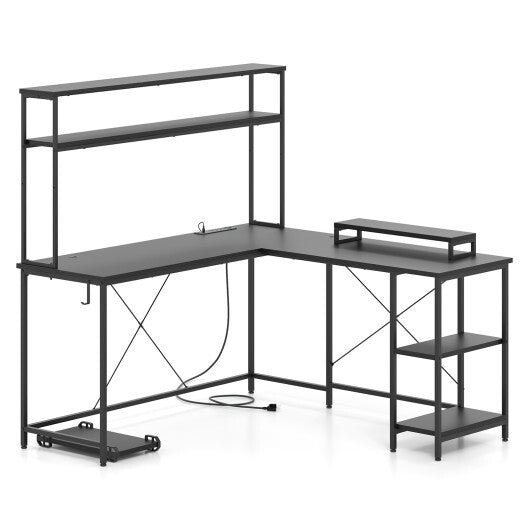 L-Shaped Reversible Gaming Desk with LED Strip and Power Outlets Hutch Monitor Stand-Rustic Brown LuxuryLifeWay Online Store