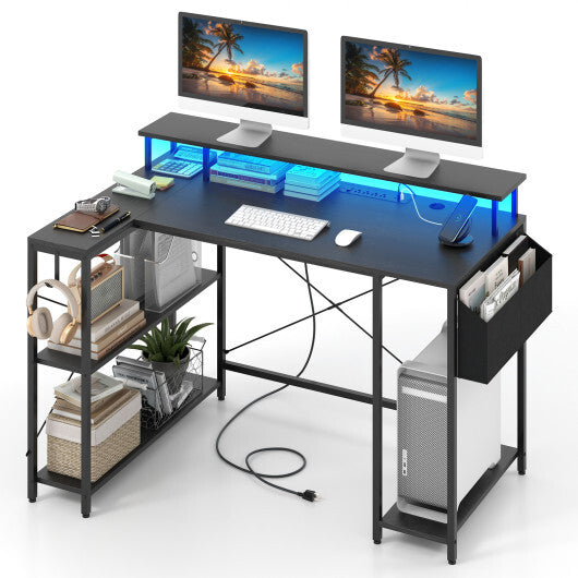 L-Shaped Gaming Desk with LED Lights and Power Outlets-Rustic Brown
