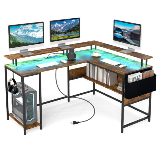 L-Shaped Gaming Desk with LED Lights and Power Outlets Home Office Computer Desk-Rustic Brown LuxuryLifeWay Online Store