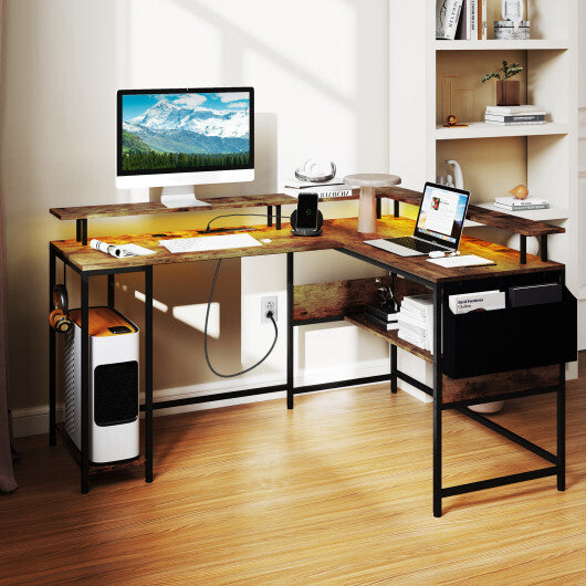 L-Shaped Gaming Desk with LED Lights and Power Outlets Home Office Computer Desk-Rustic Brown LuxuryLifeWay Online Store