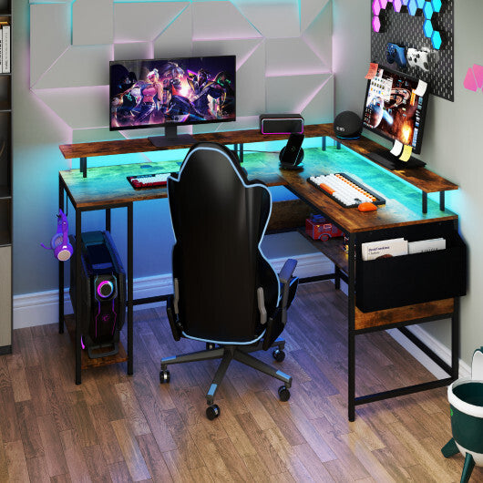 L-Shaped Gaming Desk with LED Lights and Power Outlets Home Office Computer Desk-Rustic Brown LuxuryLifeWay Online Store