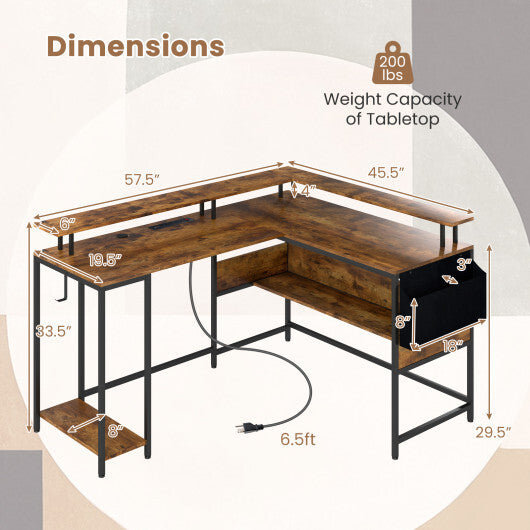 L-Shaped Gaming Desk with LED Lights and Power Outlets Home Office Computer Desk-Rustic Brown LuxuryLifeWay Online Store