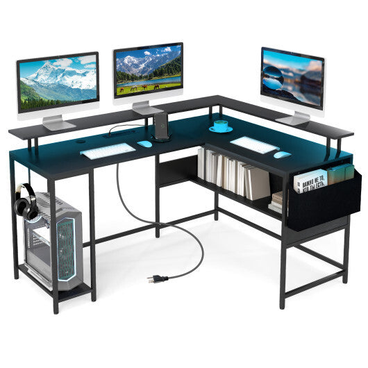 L-Shaped Gaming Desk with LED Lights and Power Outlets Home Office Computer Desk-Rustic Brown LuxuryLifeWay Online Store