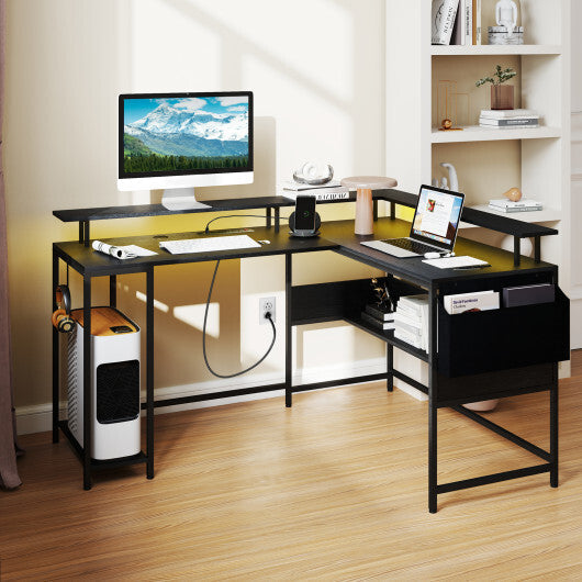 L-Shaped Gaming Desk with LED Lights and Power Outlets Home Office Computer Desk-Rustic Brown LuxuryLifeWay Online Store