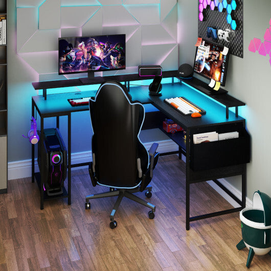 L-Shaped Gaming Desk with LED Lights and Power Outlets Home Office Computer Desk-Rustic Brown LuxuryLifeWay Online Store