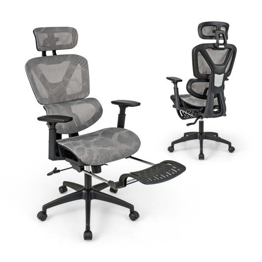 Mesh Office Chair with Tilting Backrest and Retractable Footrest-Gray LuxuryLifeWay Online Store