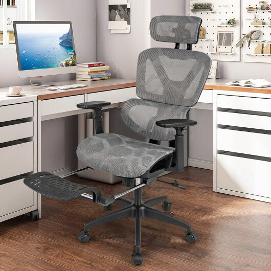 Mesh Office Chair with Tilting Backrest and Retractable Footrest-Gray LuxuryLifeWay Online Store