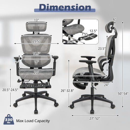 Mesh Office Chair with Tilting Backrest and Retractable Footrest-Gray LuxuryLifeWay Online Store