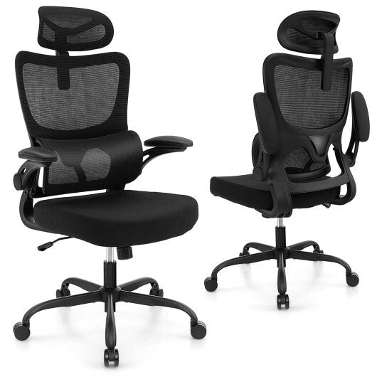 Mesh Office Chair with Adaptive Lumbar Support  Flip-up Armrests  Reclining Backrest-Black LuxuryLifeWay Online Store