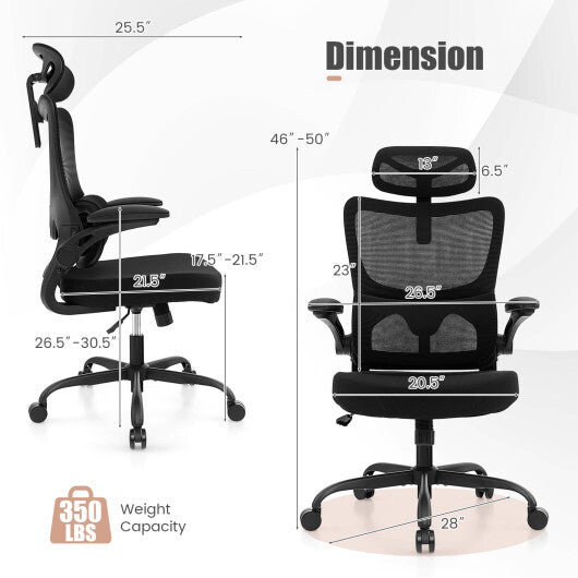 Mesh Office Chair with Adaptive Lumbar Support  Flip-up Armrests  Reclining Backrest-Black LuxuryLifeWay Online Store