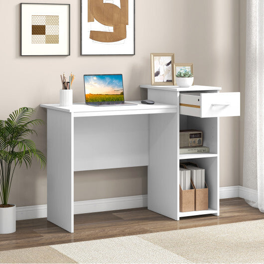Computer Desk with Drawer Modern Laptop PC Desk with Adjustable Shelf and Cable Hole-White LuxuryLifeWay Online Store