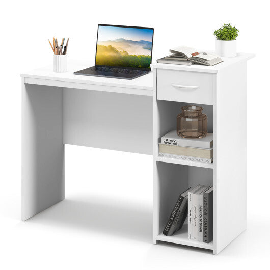Computer Desk with Drawer Modern Laptop PC Desk with Adjustable Shelf and Cable Hole-White LuxuryLifeWay Online Store
