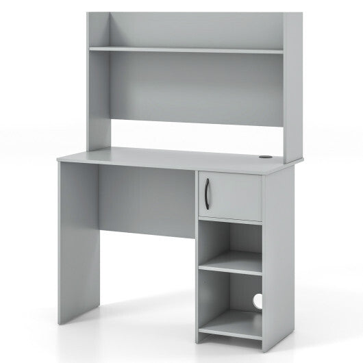 Home Office Desk with Raised Display Shelf and 2 Open Shelves-Gray LuxuryLifeWay Online Store