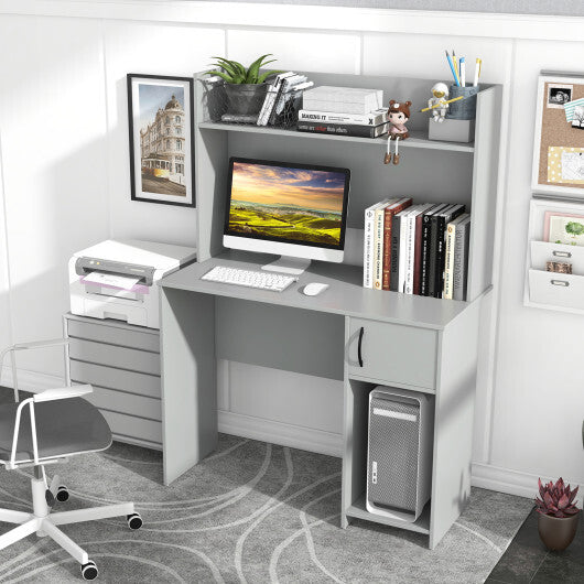 Home Office Desk with Raised Display Shelf and 2 Open Shelves-Gray LuxuryLifeWay Online Store