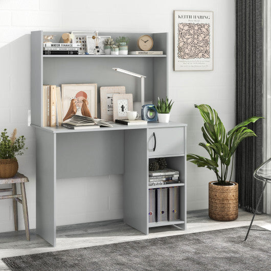 Home Office Desk with Raised Display Shelf and 2 Open Shelves-Gray LuxuryLifeWay Online Store