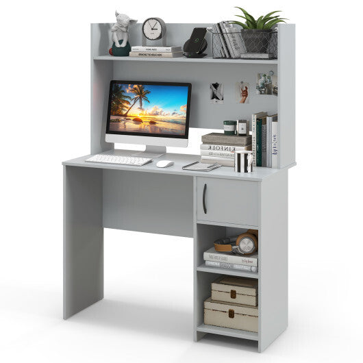 Home Office Desk with Raised Display Shelf and 2 Open Shelves-Gray LuxuryLifeWay Online Store