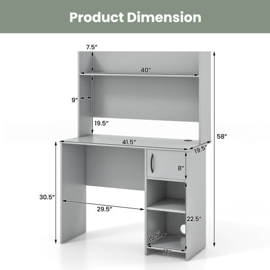 Home Office Desk with Raised Display Shelf and 2 Open Shelves-Gray LuxuryLifeWay Online Store