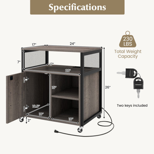 File Cabinet on Wheels with Charging Station and Cable Management Hole-Gray LuxuryLifeWay Online Store