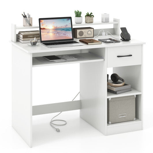 White Desk with Charging Station and Adjustable Shelf for Home Office-White