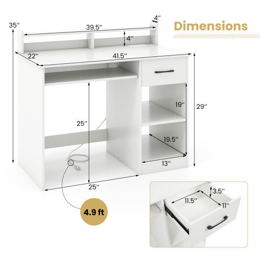 White Desk with Charging Station and Adjustable Shelf for Home Office-White