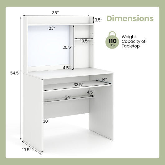 Compact Office Computer Desk with Hutch Magnetic Whiteboard-White