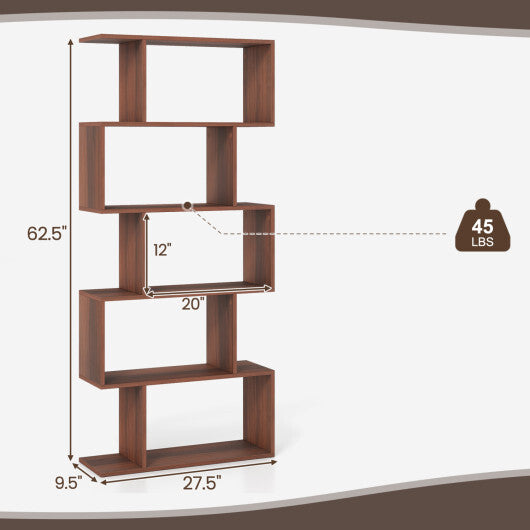 5-Tier S-Shaped Bookshelf with Anti-Tip Kit for Living Room Home Office-Walnut LuxuryLifeWay Online Store