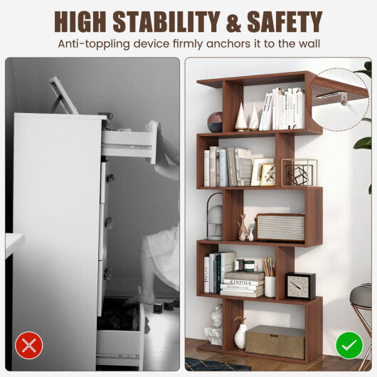 5-Tier S-Shaped Bookshelf with Anti-Tip Kit for Living Room Home Office-Walnut LuxuryLifeWay Online Store