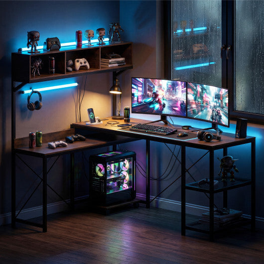 L-Shaped Computer Desk with Power Outlets 62 Inches Corner Desk with Storage Hutch-Brown LuxuryLifeWay Online Store