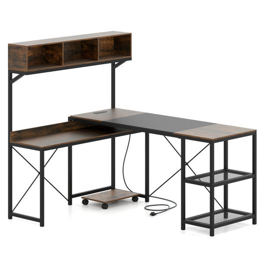 L-Shaped Computer Desk with Power Outlets 62 Inches Corner Desk with Storage Hutch-Brown LuxuryLifeWay Online Store
