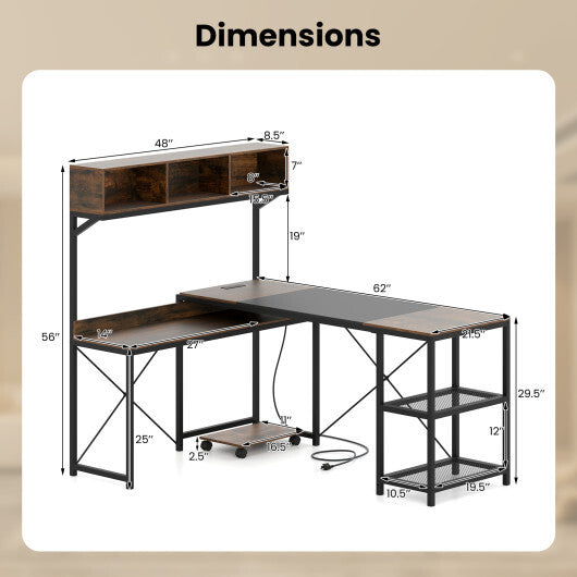 L-Shaped Computer Desk with Power Outlets 62 Inches Corner Desk with Storage Hutch-Brown LuxuryLifeWay Online Store