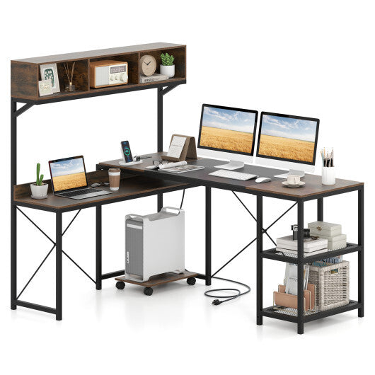 L-Shaped Computer Desk with Power Outlets 62 Inches Corner Desk with Storage Hutch-Brown LuxuryLifeWay Online Store