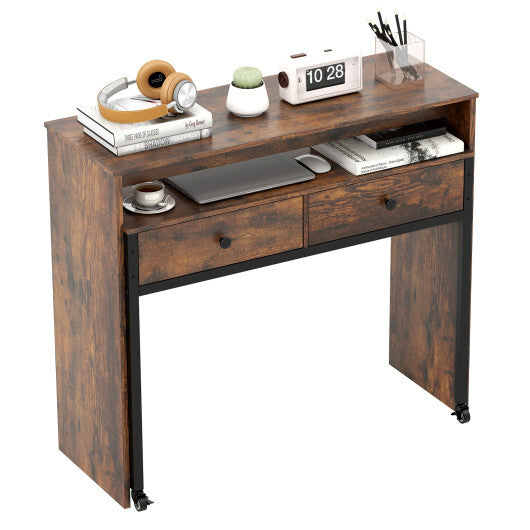 Extendable Computer Desk with 2 Storage Drawers Convertible Home Office Rolling Study Writing Desk-Rustic Brown