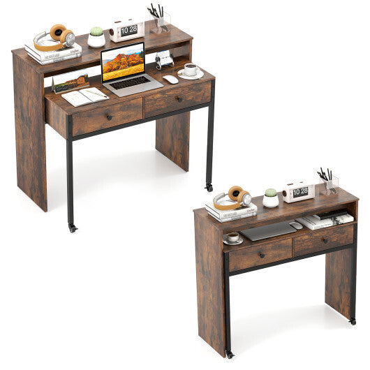 Extendable Computer Desk with 2 Storage Drawers Convertible Home Office Rolling Study Writing Desk-Rustic Brown