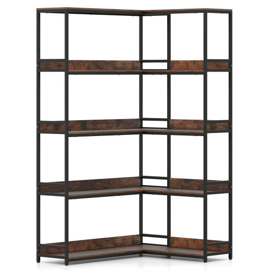 Corner Bookshelf 5-Tier L-Shaped Bookcase Etagere Bookshelf with Metal Frame-Rustic Brown LuxuryLifeWay Online Store