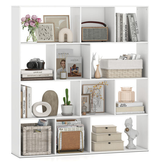 Open Shelf Bookcase 4-Tier Modern Bookshelf with 12 Storage Compartments-White LuxuryLifeWay Online Store