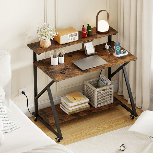 Rolling Computer Desk with Charging Station and Monitor Shelf Storage for Home Office-Rustic Brown