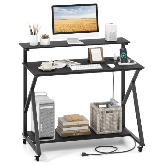 Rolling Computer Desk with Charging Station and Monitor Shelf Storage for Home Office-Rustic Brown